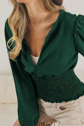 Smocking Waist Band and Puff Sleeves Deep V Neck Top BiBi